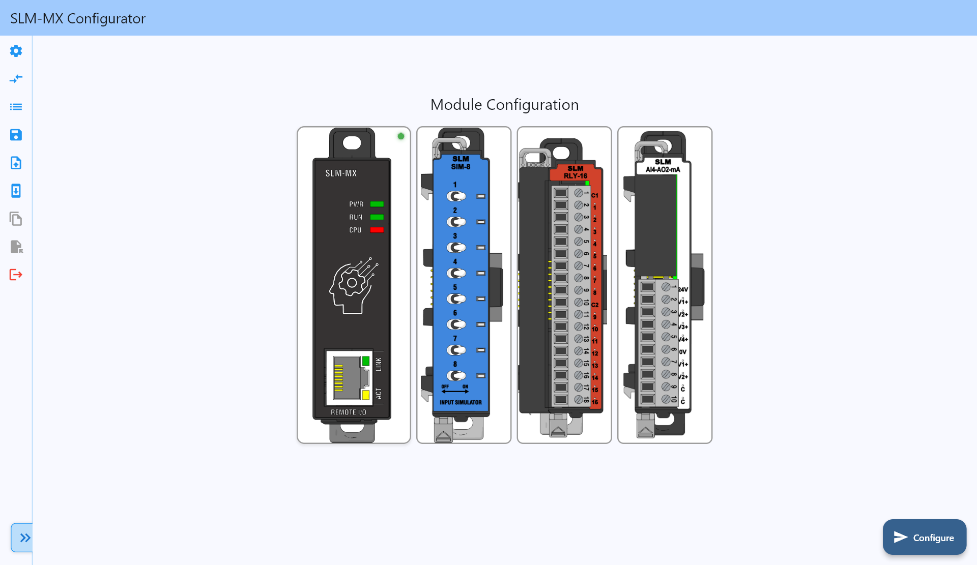 SLM-MX Configurator showing the detected rack: SLM-MX coupler, SLM-SIM-8 input simulator, SLM-RLY-16 relay module and SLM-AI4-AO2-mA analog module, one card per slot