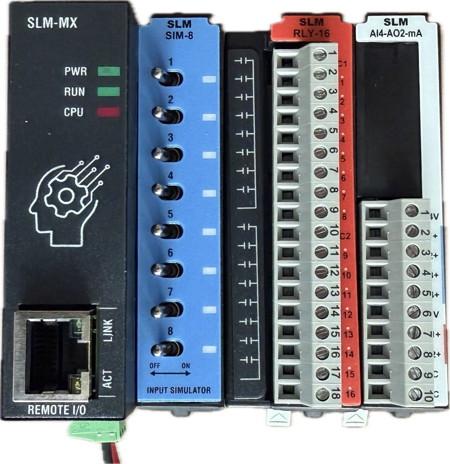 Synergy Logic SLM-MX bus coupler beside the SLM-SIM-8 input simulator, SLM-RLY-16 relay module and SLM-AI4-AO2-mA analog module