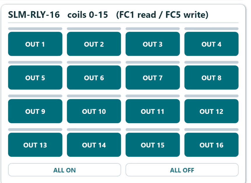Toggling Synergy Logic SLM-RLY-16 relay outputs from a Peakboard dashboard over Modbus TCP