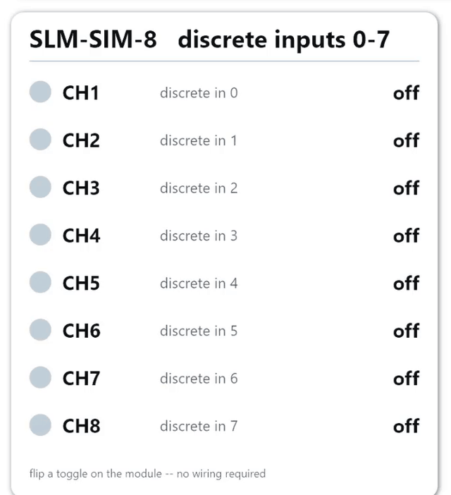 Flipping toggle switches on the Synergy Logic SLM-SIM-8 and watching the states appear live in Peakboard