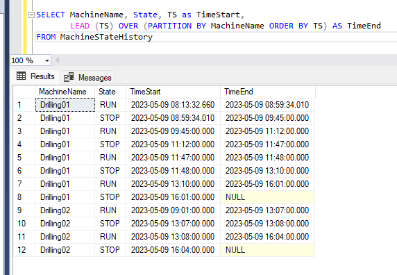 How to handle historian machine state data in SQL queries and turn it into useful information with the LEAD command