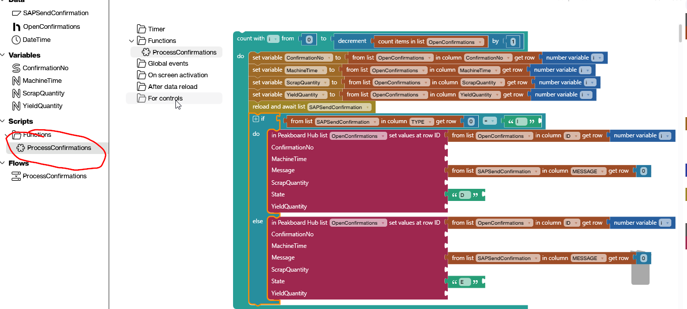 Peakboard Hub Flow Building Blocks script for confirmations