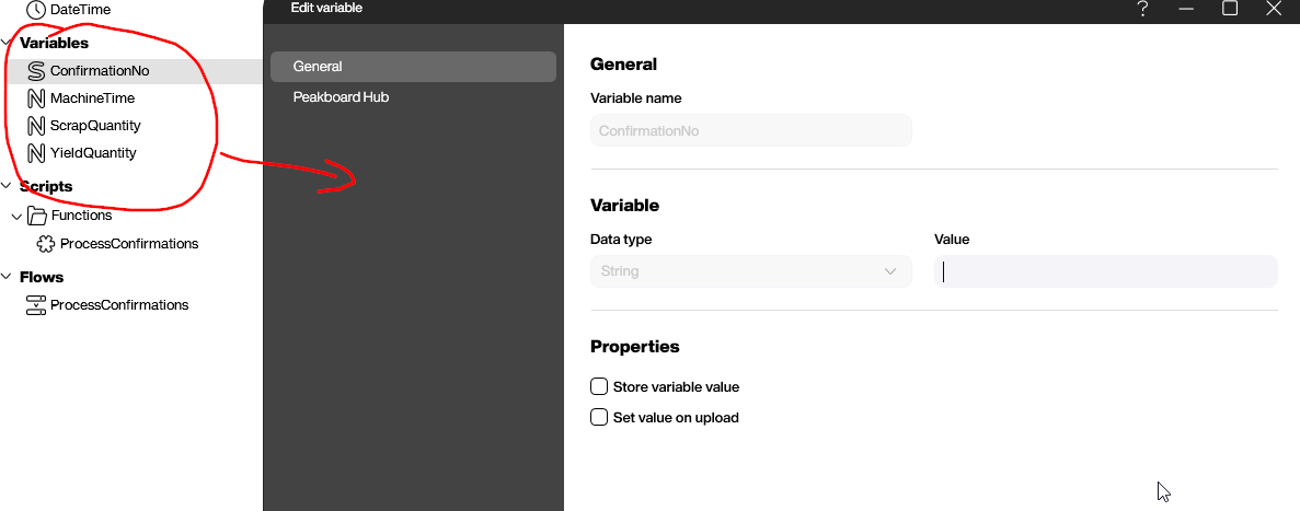 Peakboard Hub Flow variables for SAP confirmation payload