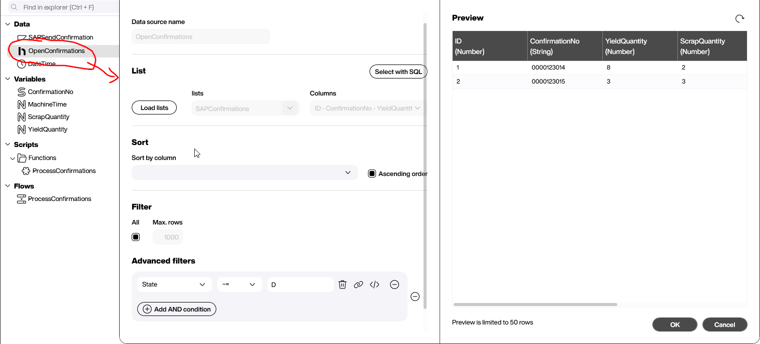 Peakboard Hub Flow data source filtering open confirmations