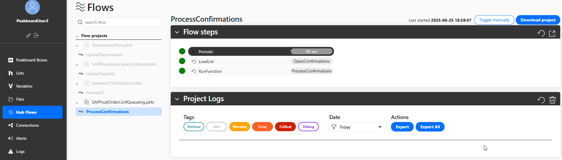 Peakboard Hub Flow deployment showing execution schedule