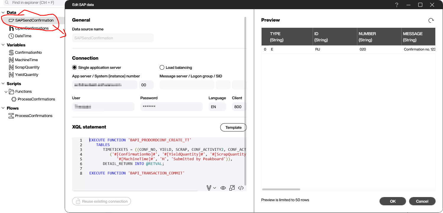 Peakboard Hub Flow SAP data source with XQL statement