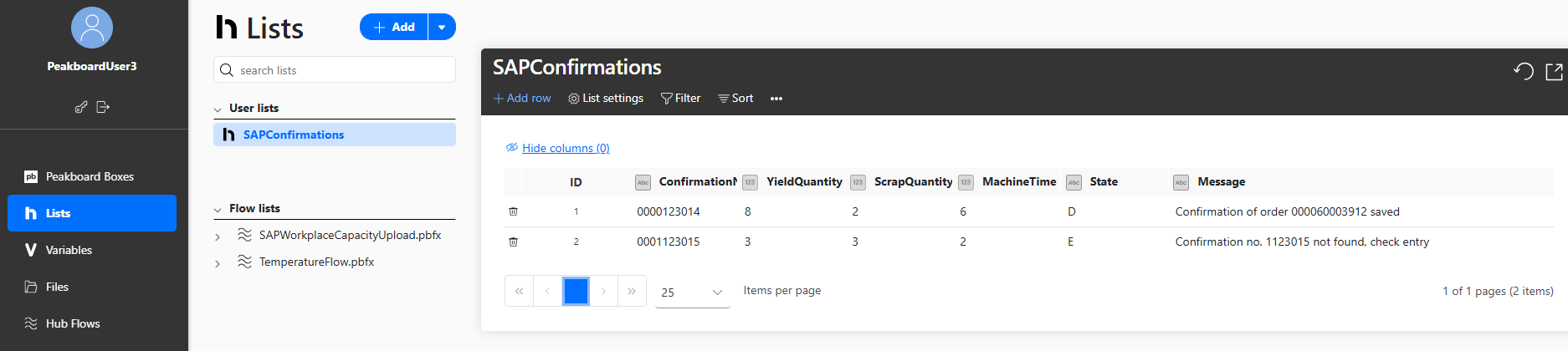 Hub list with confirmation states for SAP order processing