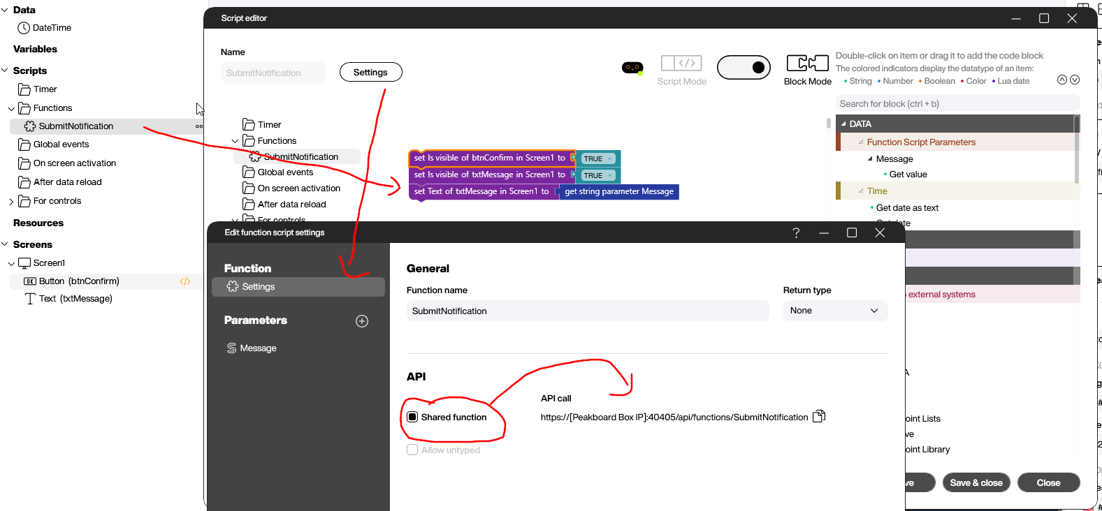 Shared function settings for SubmitNotification in Peakboard