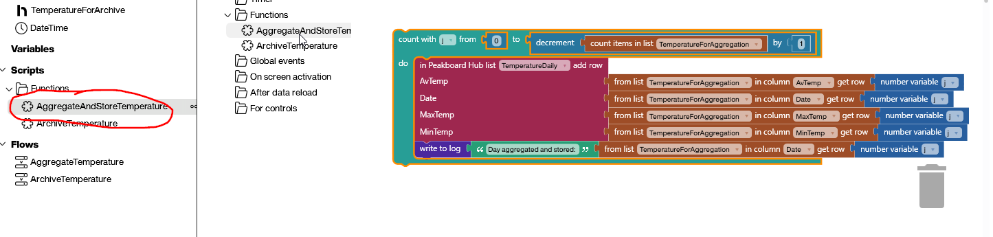 Hub Flow function AggregateAndStoreTemperature