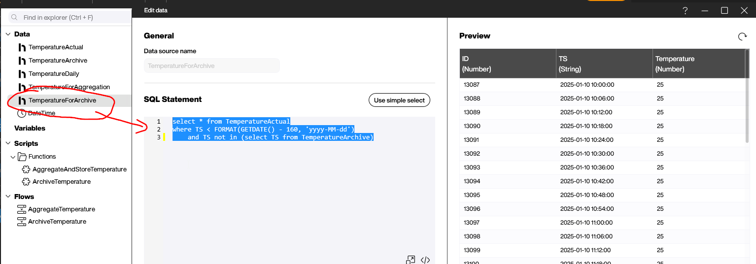 SQL query configuring the TemperatureForArchive data source