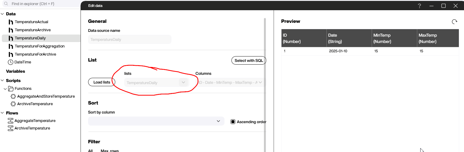 Hub Flow data source configured for the TemperatureDaily list