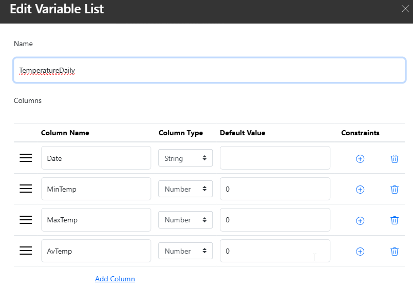 Peakboard Hub list definition for TemperatureDaily columns