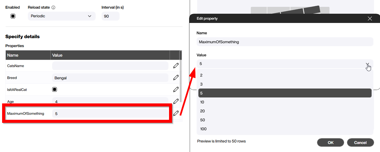 Peakboard parameter selectable values dropdown