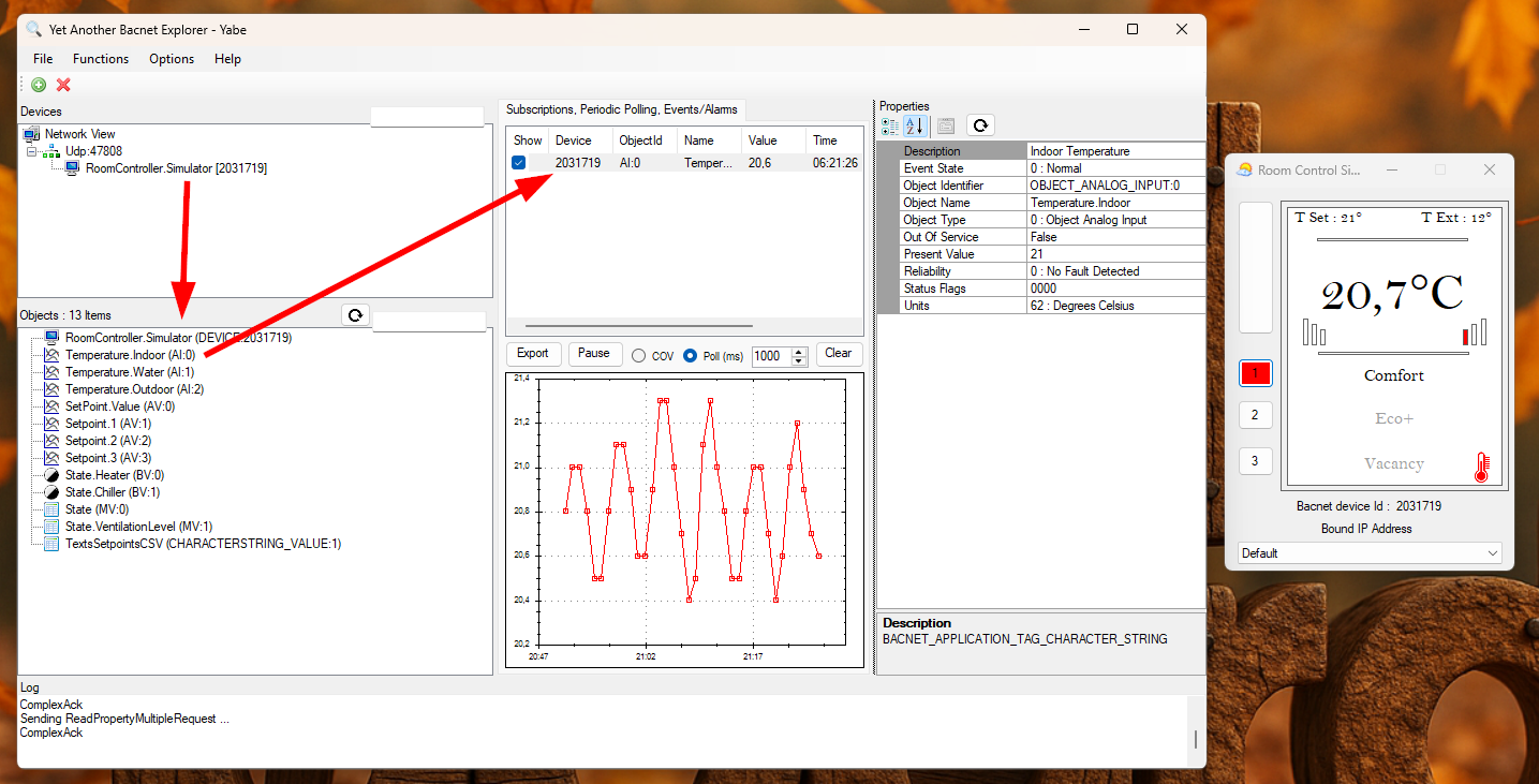 YABE room controller simulator and explorer interface