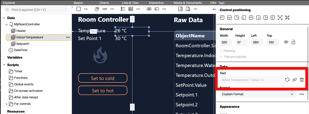 Peakboard control binding for BACnet indoor temperature