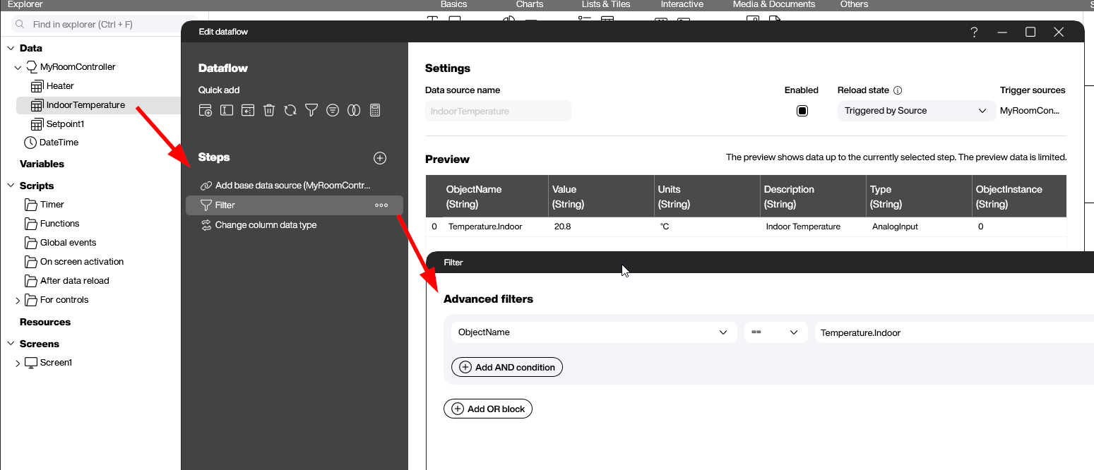 Peakboard data flow filtering indoor temperature values