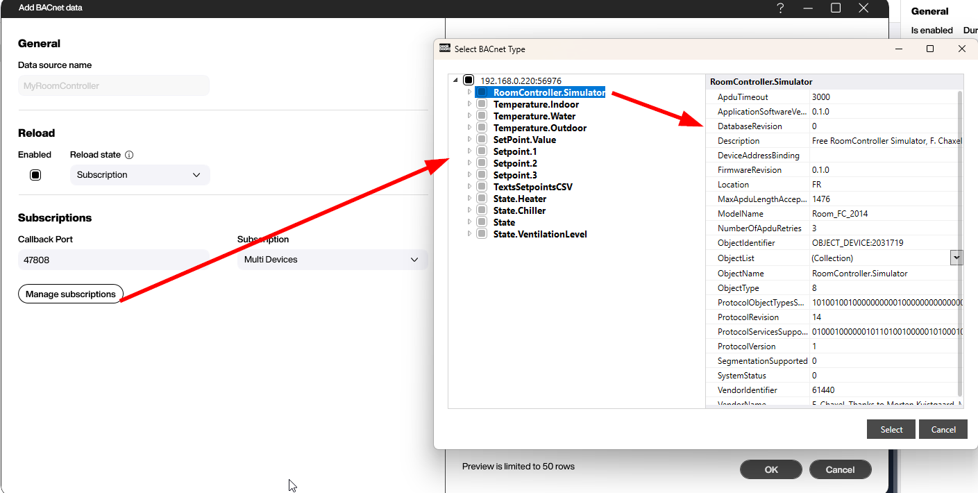 Peakboard BACnet subscription dialog showing available devices