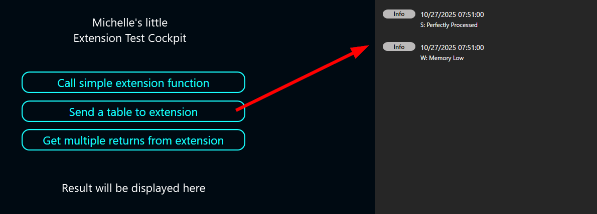 Peakboard test cockpit showing log entries generated by the extension