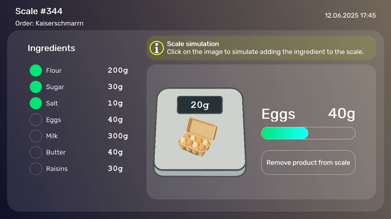 CAS Scale Real-Time Ingredient Weighing - Peakboard Recipe Instruction Display