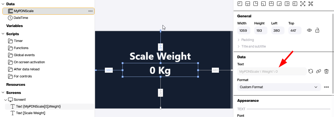 Peakboard Weight Display - Data Binding Text Field from CAS Scale