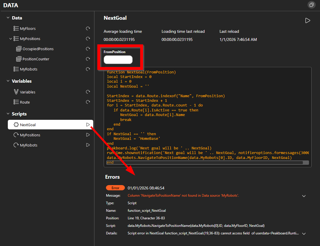 Peakboard debug functions execution
