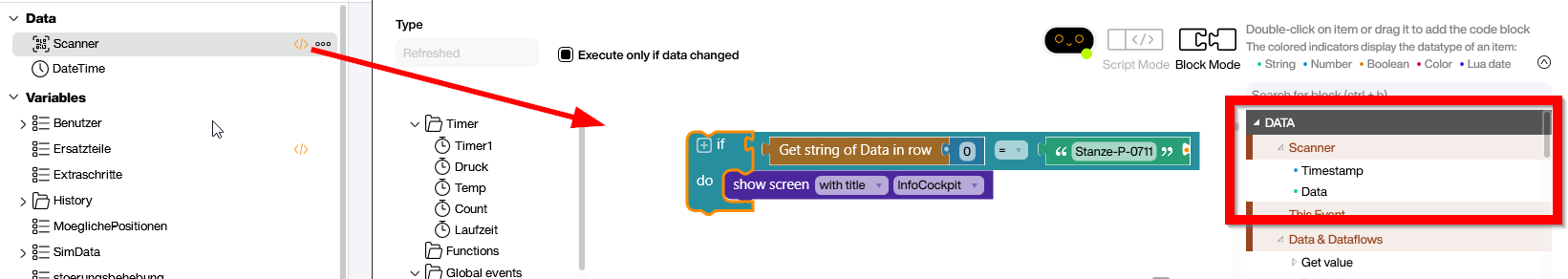 Peakboard refreshed event handler for barcode scanner data processing
