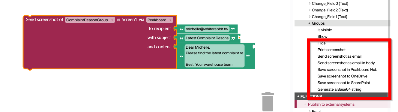 Peakboard screenshot email block in the editor