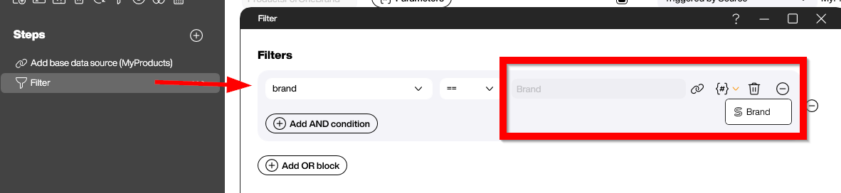Applying brand parameter in filter step to select products by brand