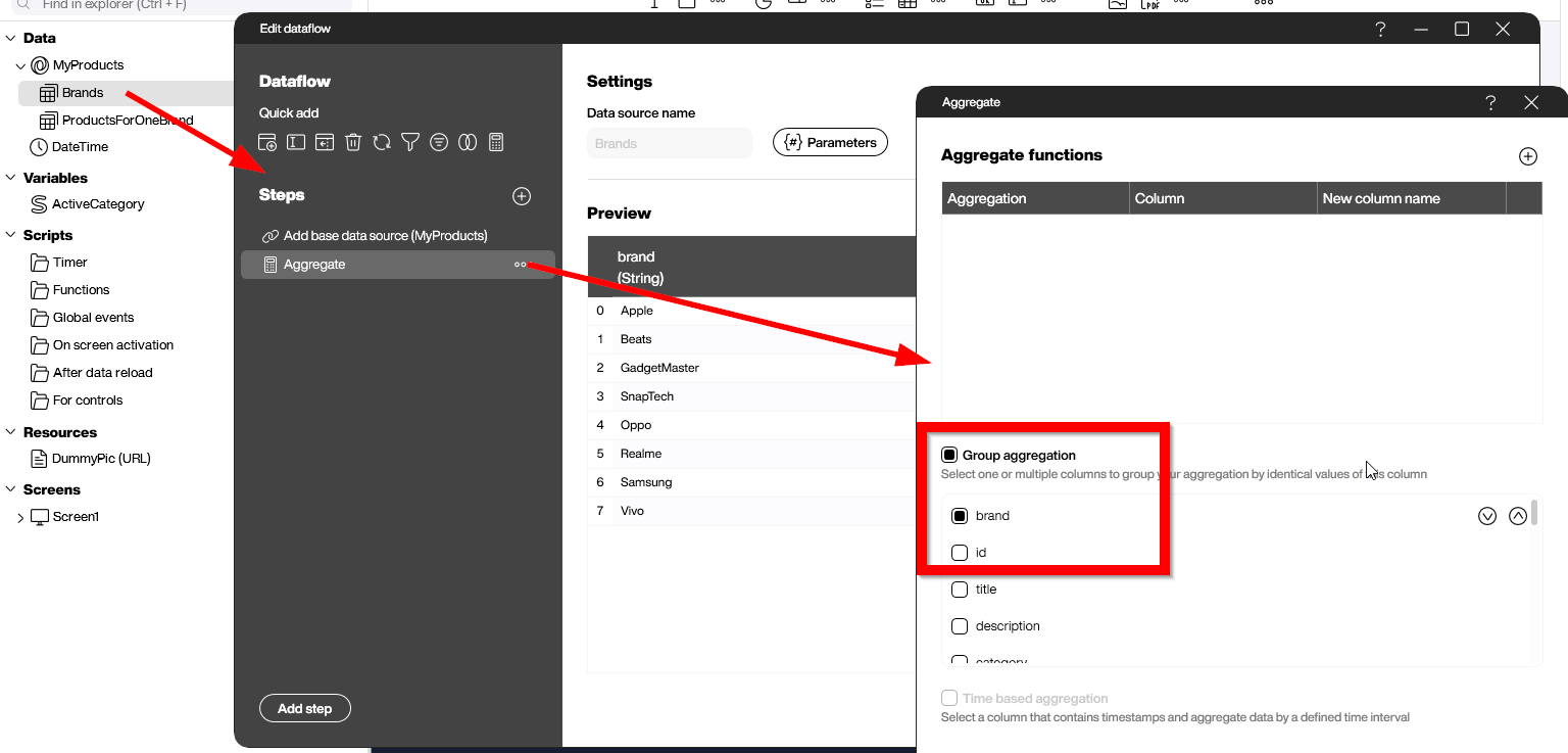 Data flow aggregating products by brand to get distinct brands