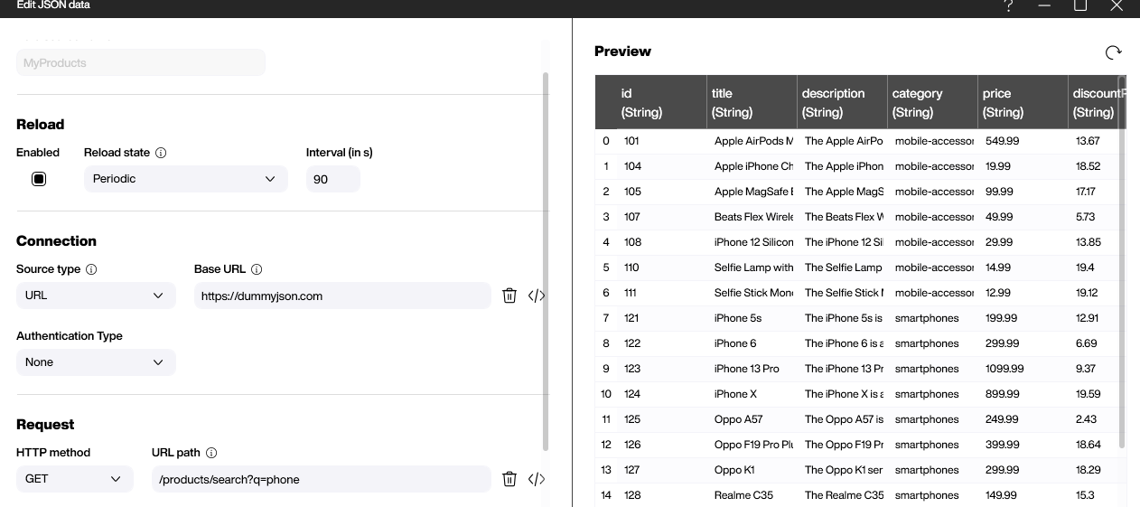 DummyJSON products data source with title and brand columns