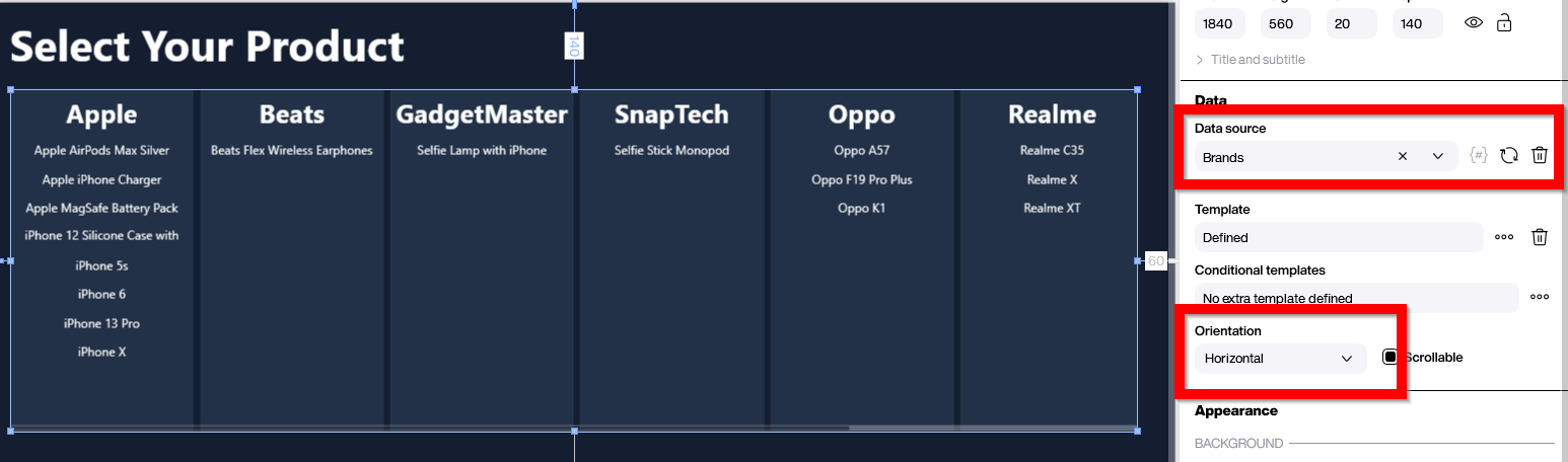 Configuring horizontal styled list bound to brands data flow