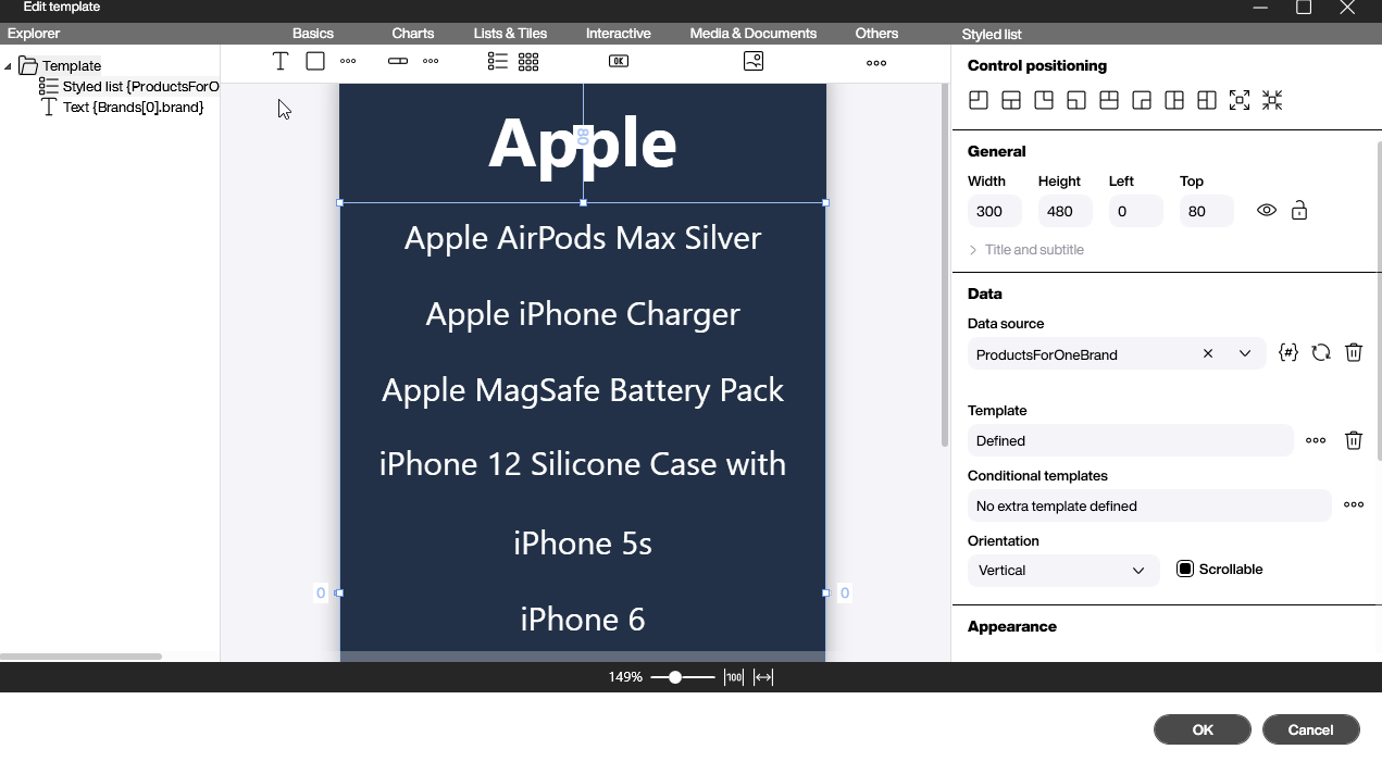 Setting up nested vertical styled list for products within brand template
