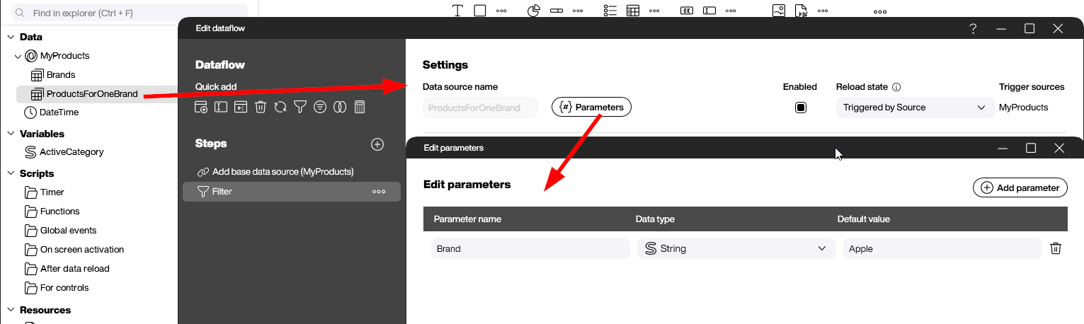 Setting up parameters in parameterized data flow for brand filtering
