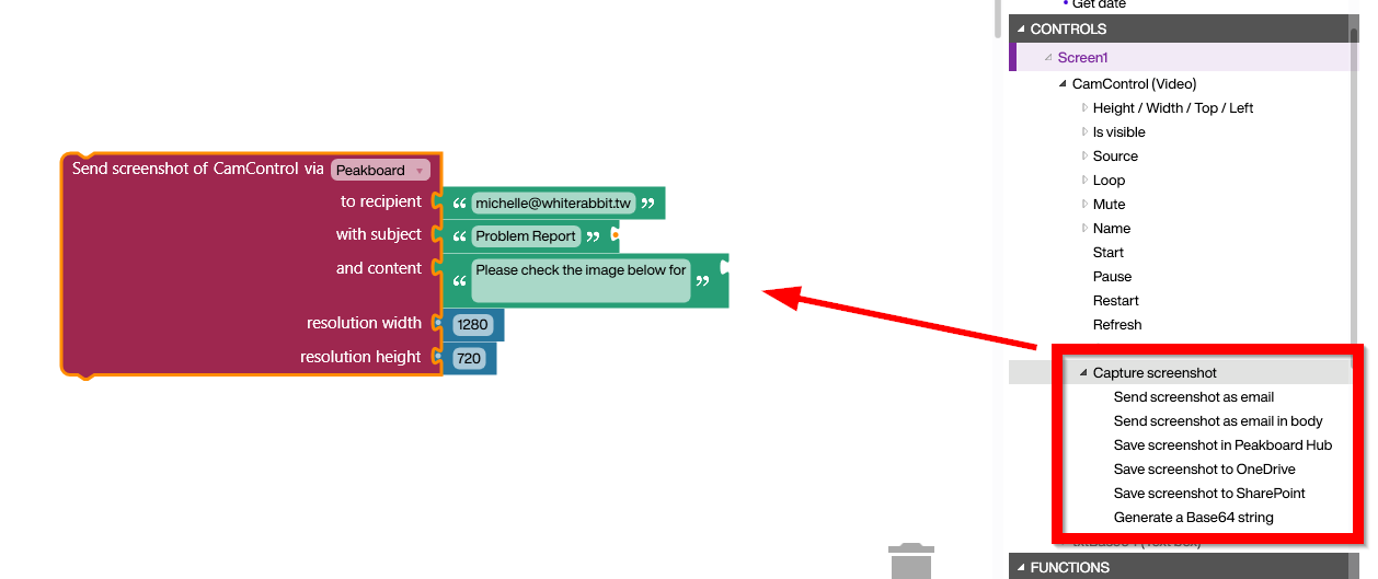 Peakboard camera send image via email Building Block