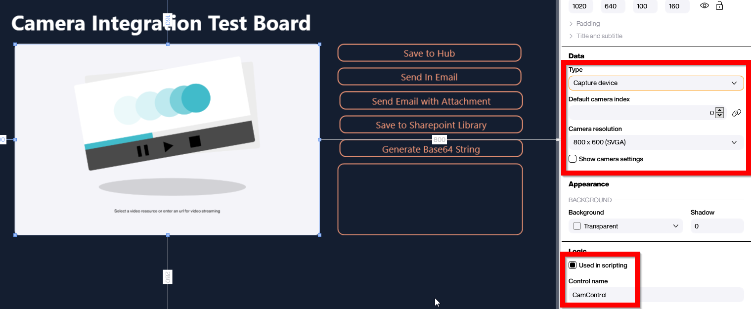 Peakboard Video control camera properties