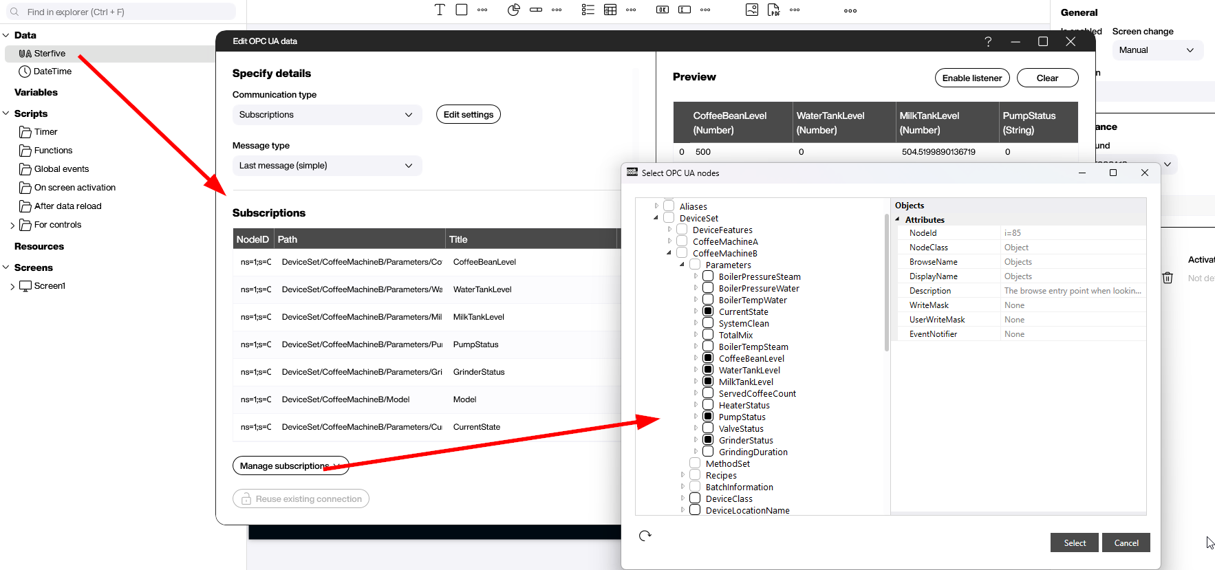 OPC UA Coffee Machine Parameters Screenshot