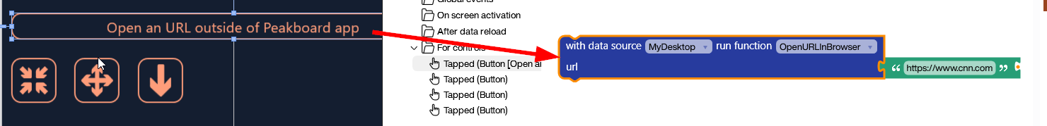 Peakboard Building Blocks calling the OpenURLInBrowser custom function to launch an external browser from the application