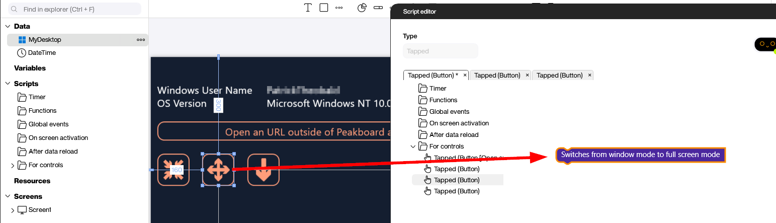 Peakboard Building Blocks for switching the application window from full screen to window mode