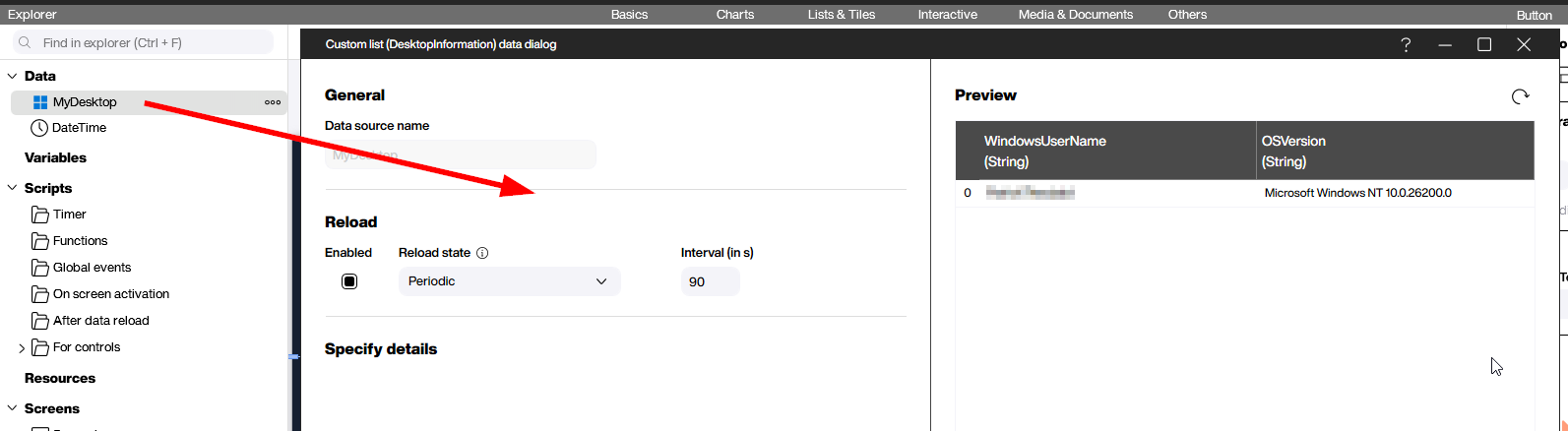 Peakboard Designer Desktop Toolbox extension data source configuration with Windows user name and OS version preview
