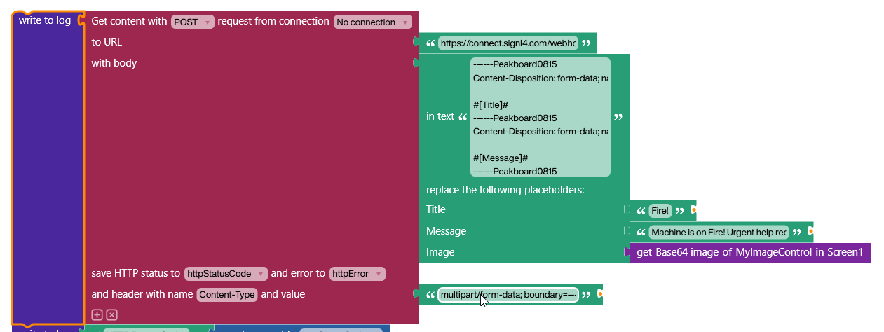 Peakboard Building Blocks constructing a multipart HTTP POST with Base64-encoded camera image for SIGNL4
