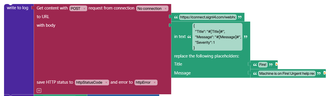 Peakboard Building Blocks sending an HTTP POST request with JSON payload to the SIGNL4 webhook