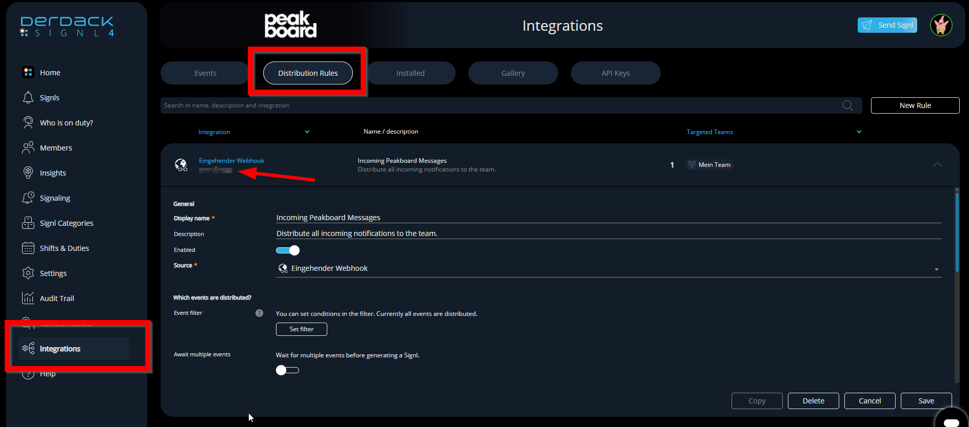 SIGNL4 portal showing the team ID and incoming webhook configuration under Distribution Roles