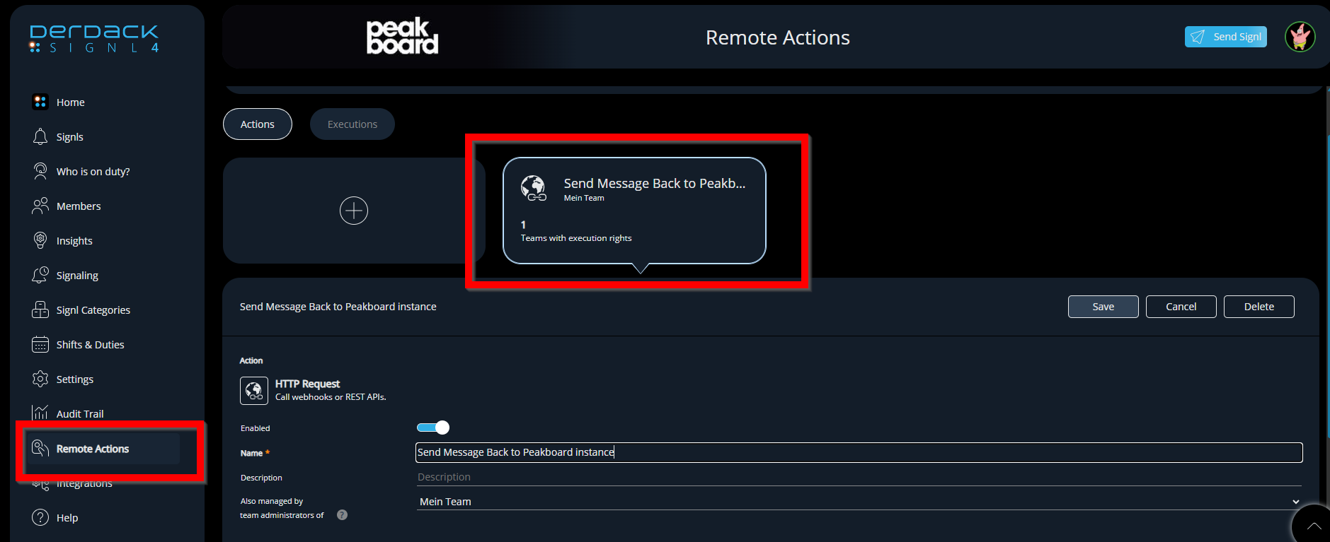 SIGNL4 remote action configuration calling a Peakboard Hub webhook for alert acknowledgment
