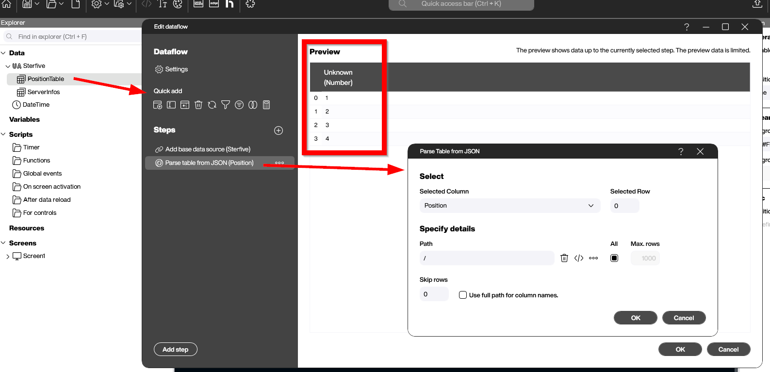 OPC UA Dataflow Parse Array JSON Example