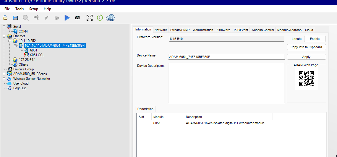Advantech ADAM-6051 discovered in the desktop configuration tool with device tree and settings tabs