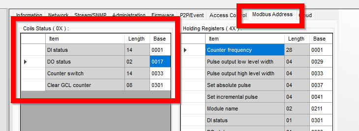 Advantech ADAM-6051 Modbus register address table showing output channel base addresses