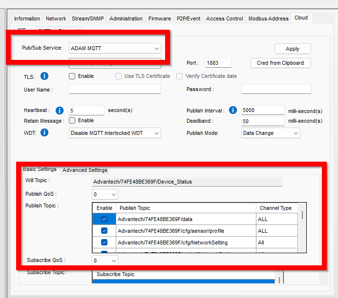 Advantech ADAM-6051 Cloud tab with MQTT broker address and topic configuration