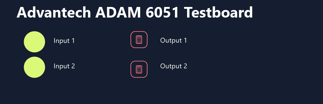 Demo of Peakboard dashboard toggling ADAM-6051 digital outputs via MQTT with real-time feedback