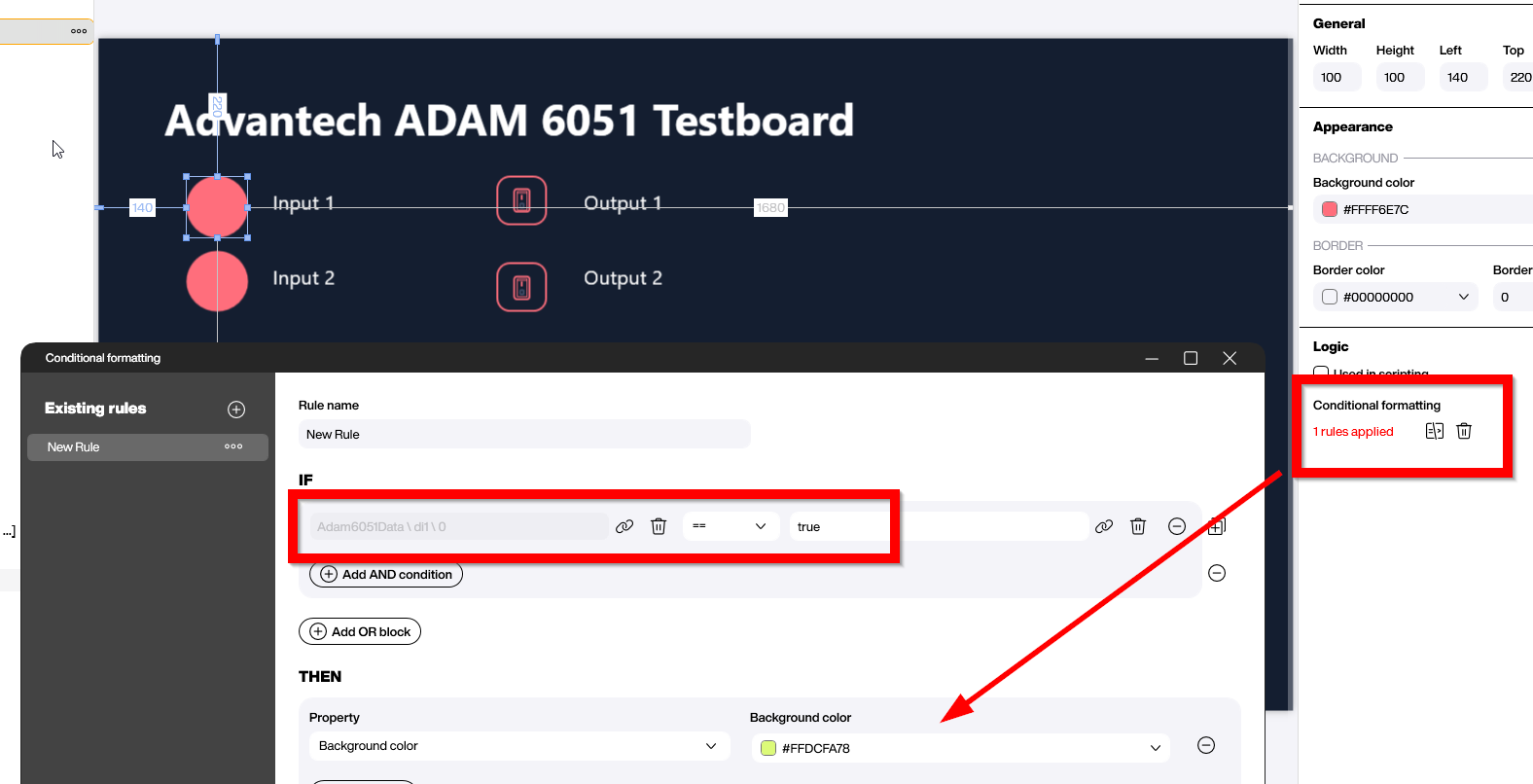 Peakboard dashboard with conditional formatting showing digital input channel states as colored indicators
