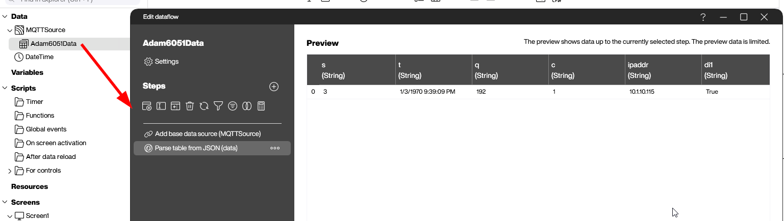 Peakboard dataflow using Parse JSON to convert ADAM-6051 MQTT payload into a table